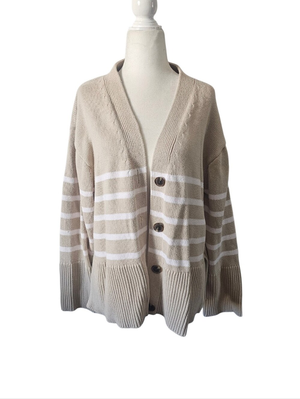 GAP 24/7 Split-Hem Cardigan Sweater Beige White Striped Chunky Cotton Knit Small
